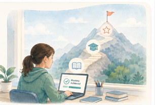 A student at her laptop looking out at a winding path up a hill marked with a book, a graduation cap and a star, leading to a flag at the summit