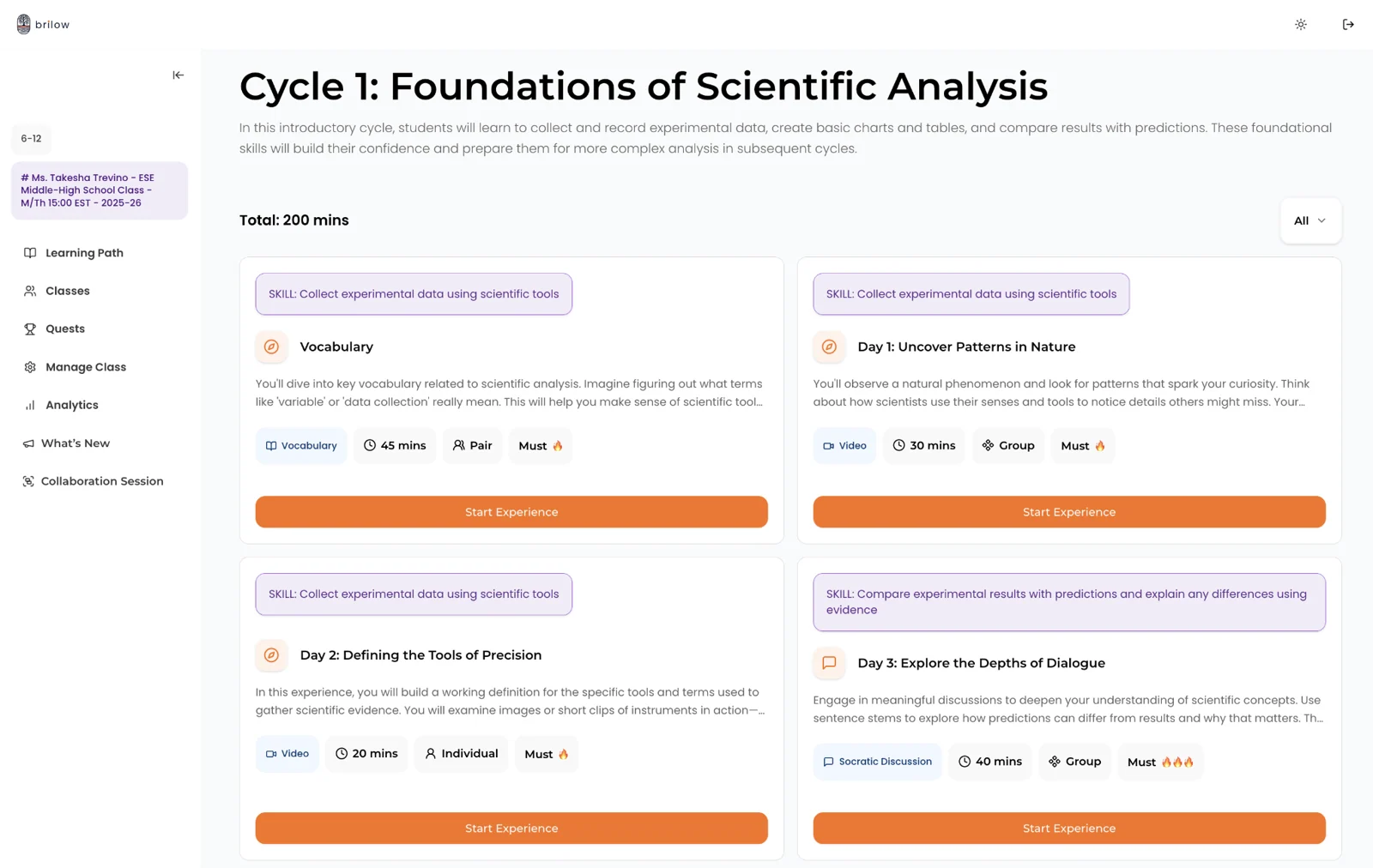 Brillow learning cycle view showing daily experiences with skills, durations, and Start Experience buttons