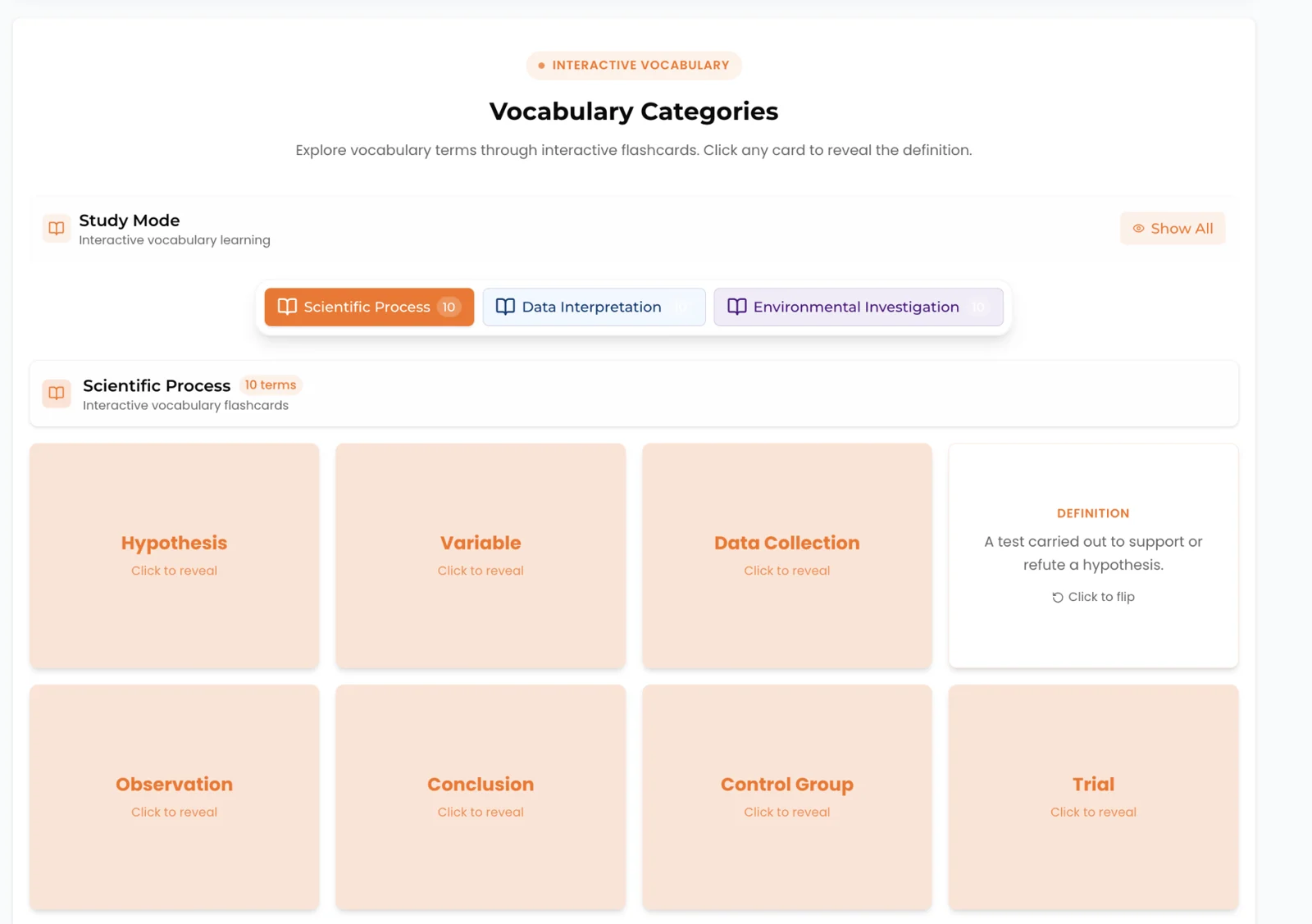 Brillow interactive vocabulary flashcards grouped into categories