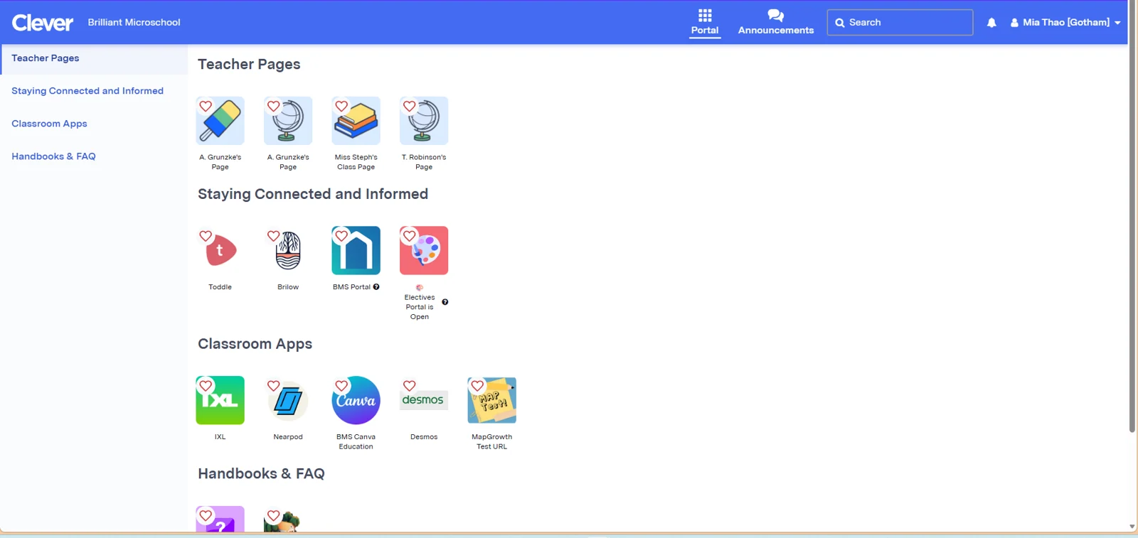 Clever portal dashboard showing teacher pages, classroom apps, and handbooks & FAQ