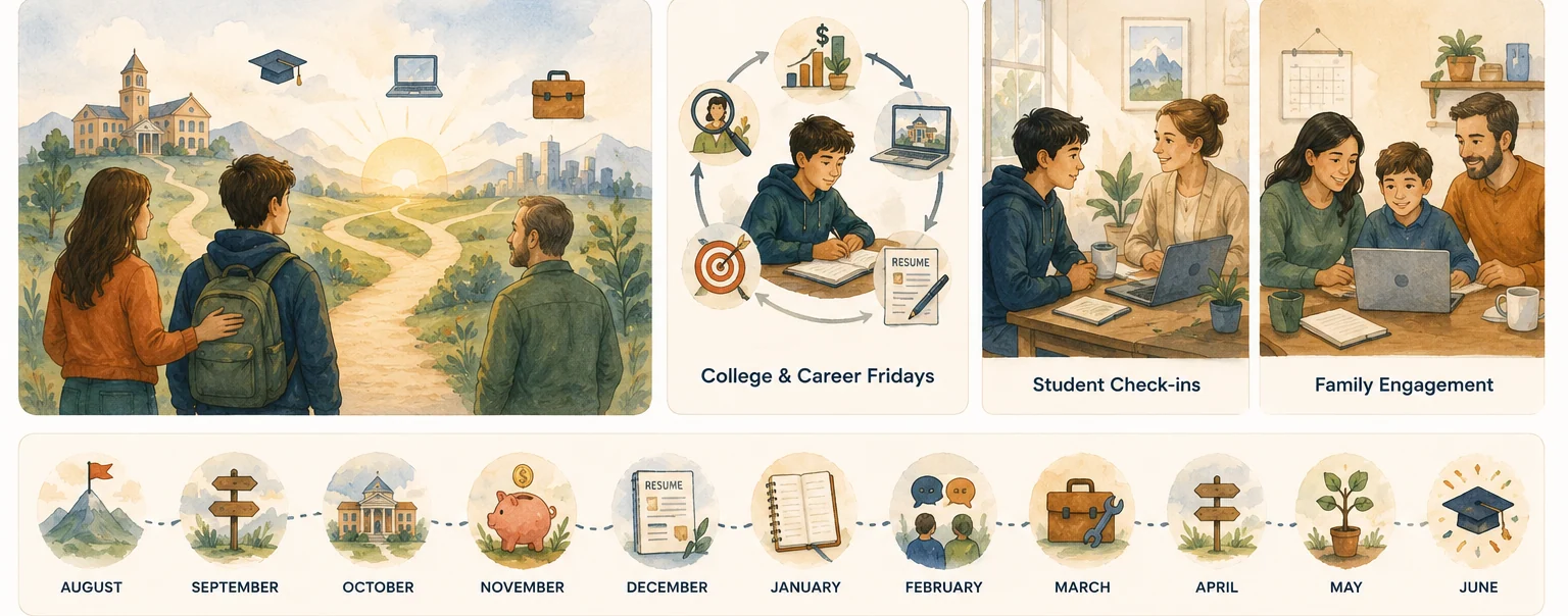 Illustrations of college and career Fridays, student check-ins, and family engagement