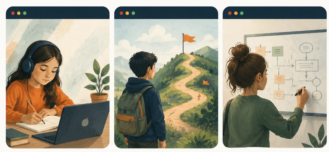 Illustration of three students learning, exploring, and writing on a whiteboard