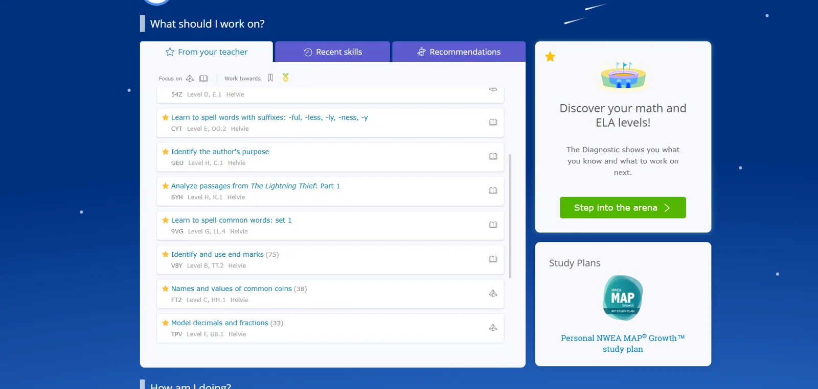 IXL diagnostic screen asking the student what they should work on next
