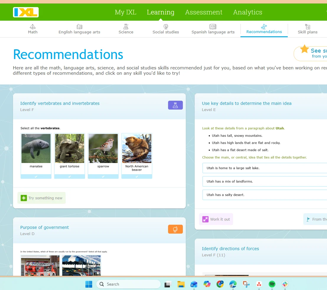 IXL Recommendations page showing personalised skills across math, language arts, science, and social studies