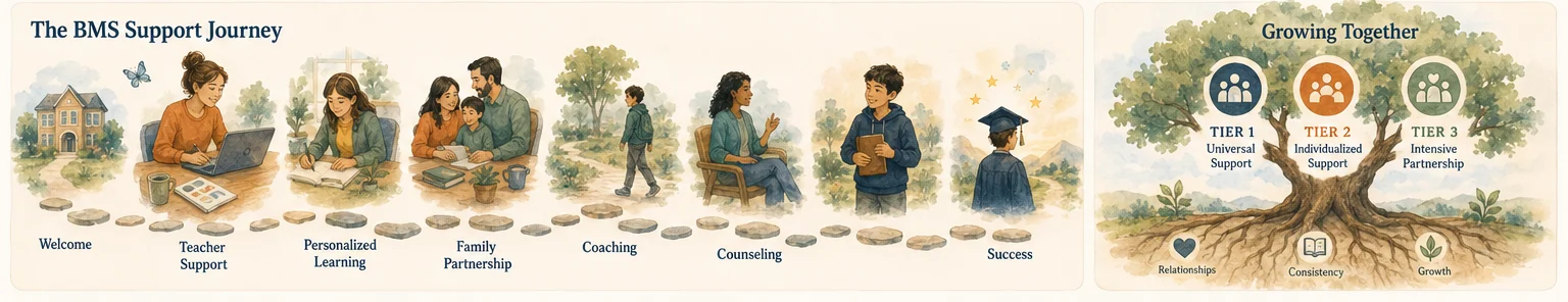 The BMS support journey illustrated as a series of steps from noticing to thriving