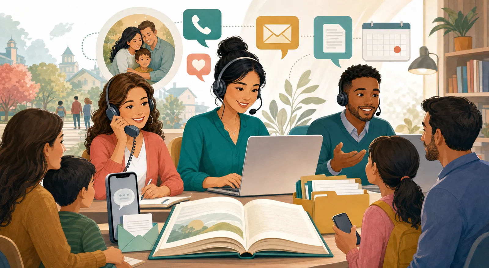 Illustration of the BMS Parent Support team helping families by phone, email, and message