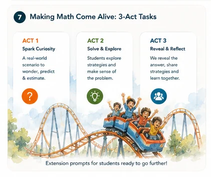 Three-act math task diagram — Act 1 Spark Curiosity, Act 2 Solve and Explore, Act 3 Reveal and Reflect