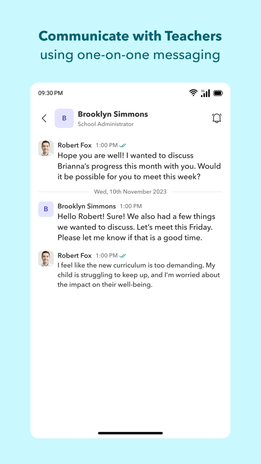 Toddle one-on-one messaging thread between a parent and a teacher